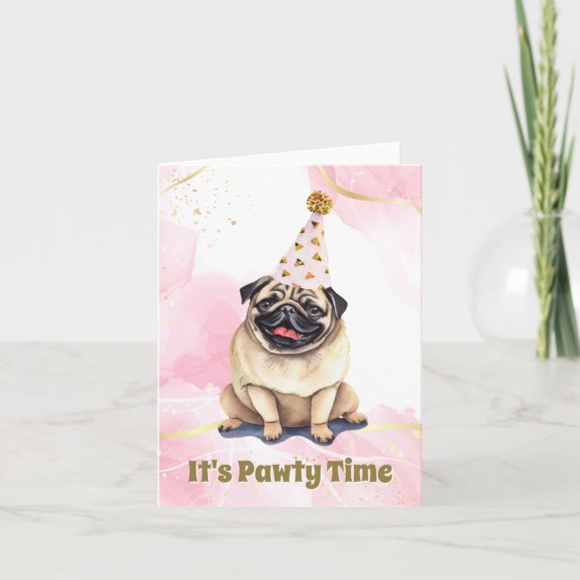 Party Pug Watercolor Birthday Card (Front)