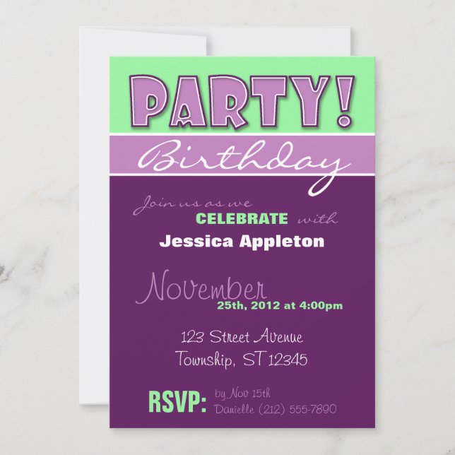 PARTY! Purple & Green Birthday Invitations (Front)