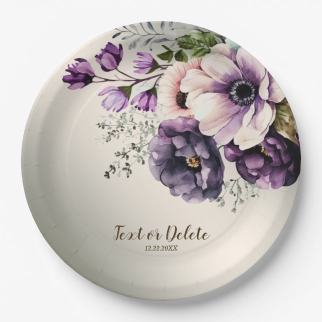 Party Purple Pink Flowers Golden Elegant Paper Plate (Front)