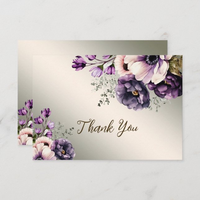 Party Purple Pink Flowers Golden Elegant Thank You Card (Front/Back)