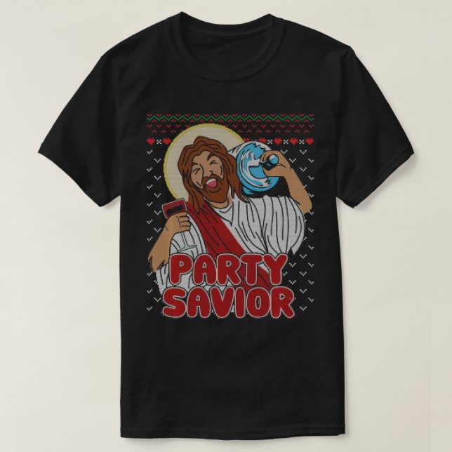 Party Savior Jesus Christ Santa Beer Ugly Christma T-Shirt (Design Front)