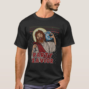 Party Savior Jesus Santa Claus Beer Ugly Christmas T-Shirt