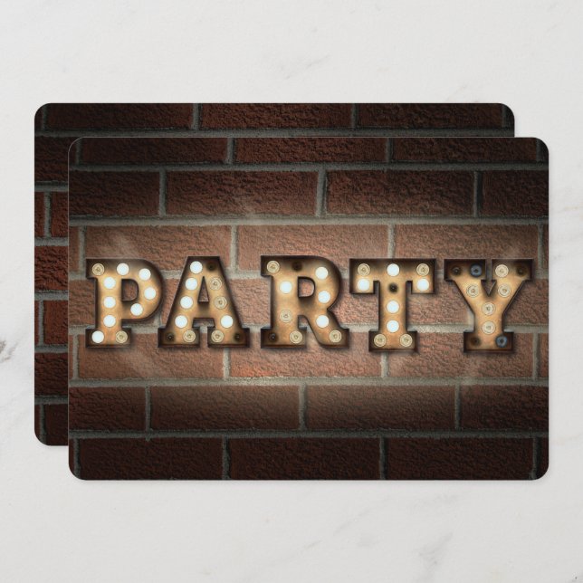 Party sign in marquee lights on brick invitation (Front/Back)