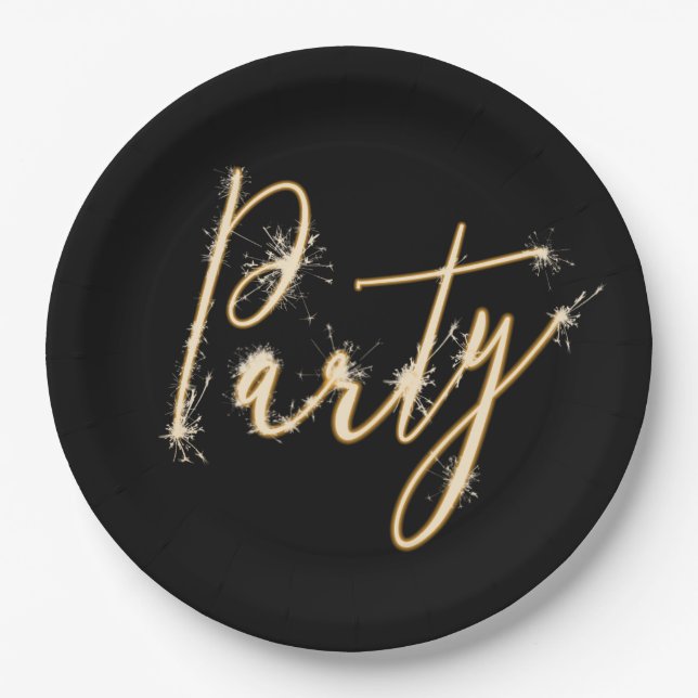 Party Sparkler Text on Black Paper Plate (Front)