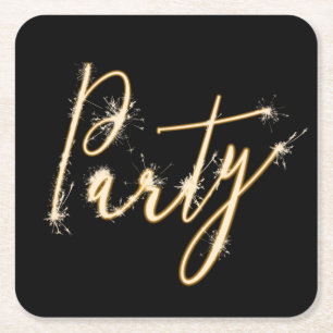 Party Sparkler Text on Black Square Paper Coaster