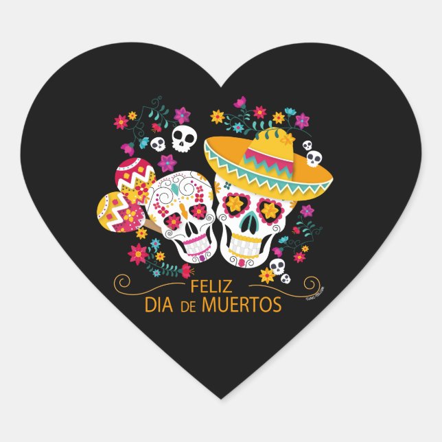 Party Sugar Skulls and Flowers Heart Sticker (Front)