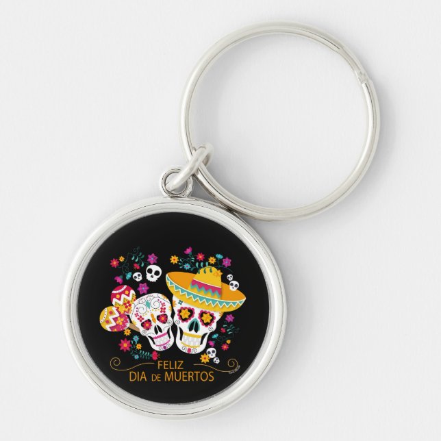 Party Sugar Skulls and Flowers Key Ring (Front)