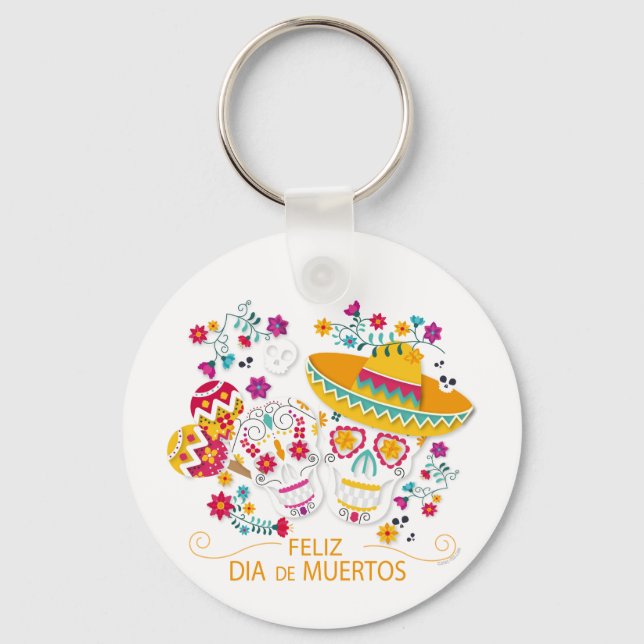 Party Sugar Skulls and Flowers Key Ring (Front)