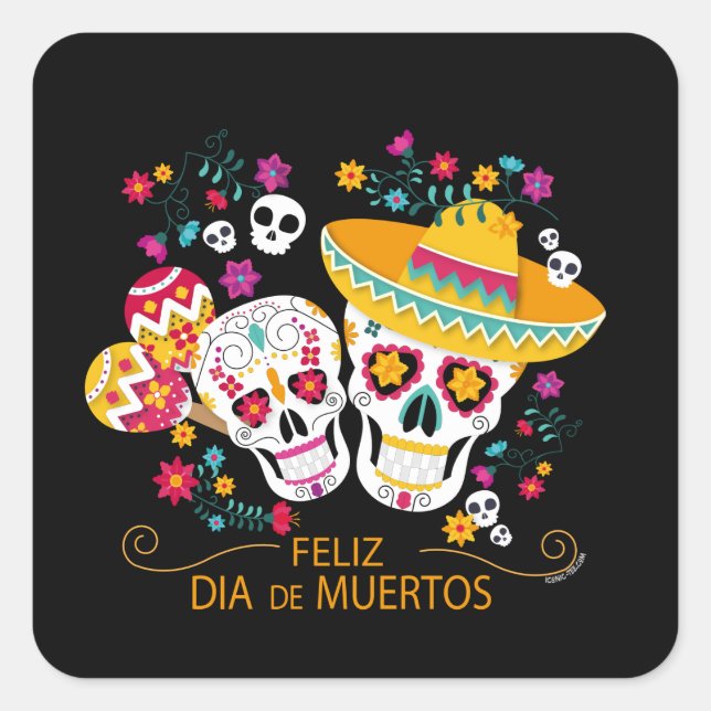 Party Sugar Skulls and Flowers Square Sticker (Front)