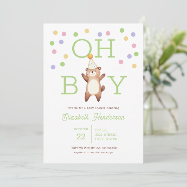 Party Teddy Bear Oh Boy Baby Shower Invitation (Standing Front)
