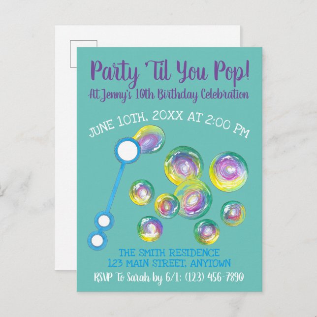 Party Til You Pop Bubble Wand Birthday Bubbles Invitation Postcard (Front/Back)
