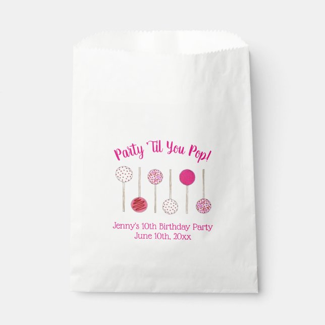 Party Til You Pop Pink Frosted Cake Pops Favour Bag (Front)