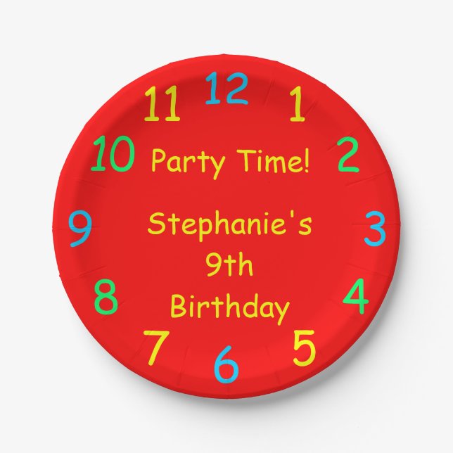 Party Time, 9th Birthday, Red Clock Paper Plate (Front)