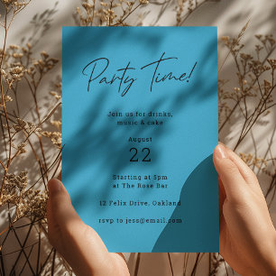 Party Time Blue Modern Minimalist Fun Birthday Invitation