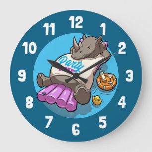 Party Time Funny Rhino Swimming Pool Cartoon Large Clock