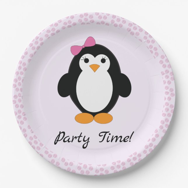 Party Time Girl Penguin Paper Plate (Front)