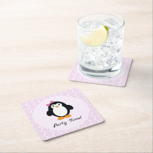 Party Time Girl Penguin Square Paper Coaster