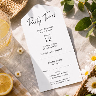 Party Time Modern Minimalist Simple Clean White All In One Invitation