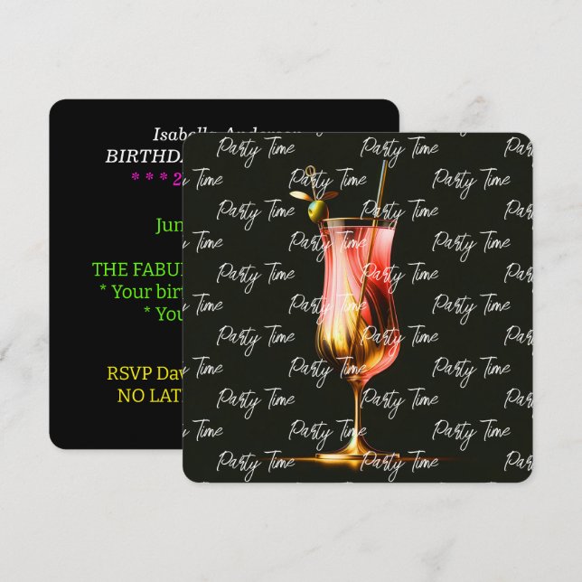 Party Time Neon Modern Personalised Invitation (Front/Back)