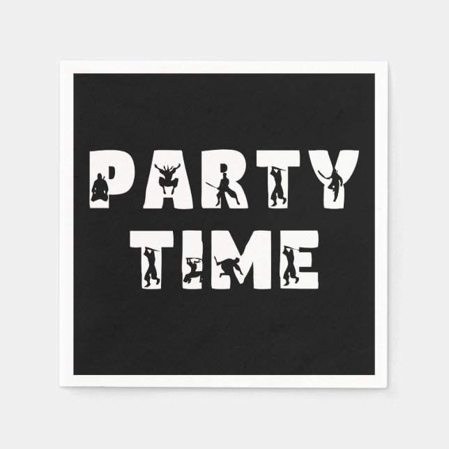 Party Time Ninja Lettering Black White Bday Party  Napkin (Front)
