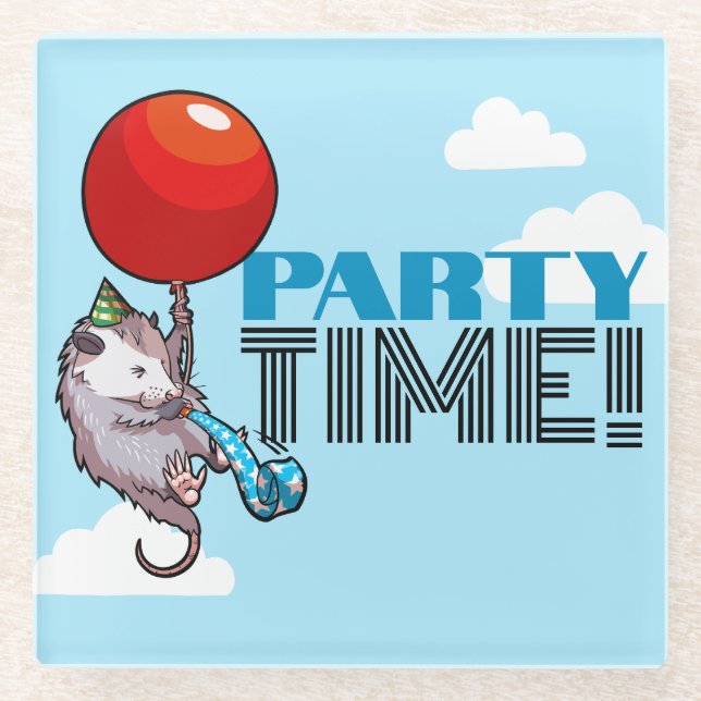 PARTY TIME! Party Possum Funny Floating Opossum Glass Coaster (Front)
