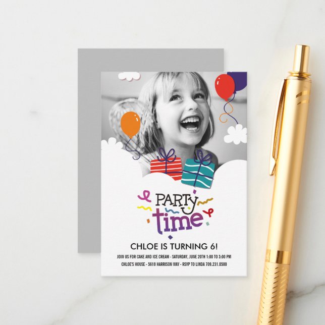 Party Time Photo Birthday Invitation (Front/Back In Situ)