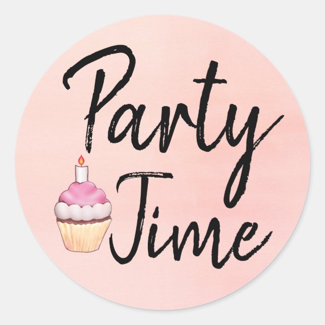 Party Time Pink Watercolor Cupcake Birthday Classic Round Sticker (Front)