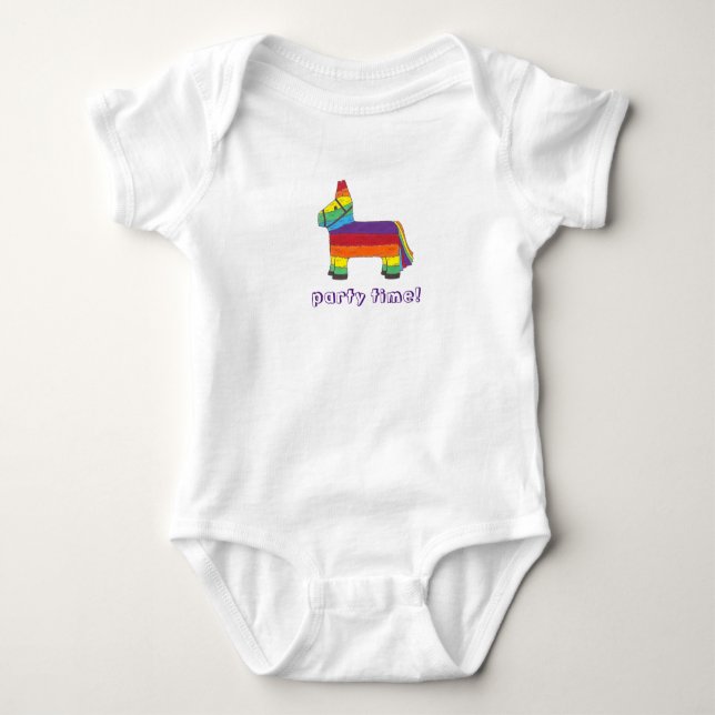 Party Time Rainbow Birthday Donkey Piñata Fiesta Baby Bodysuit (Front)