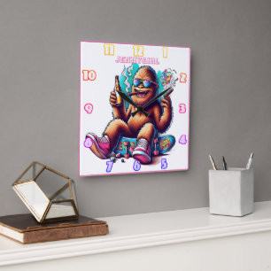 Party time with a chill Sasquatch on skateboards Square Wall Clock