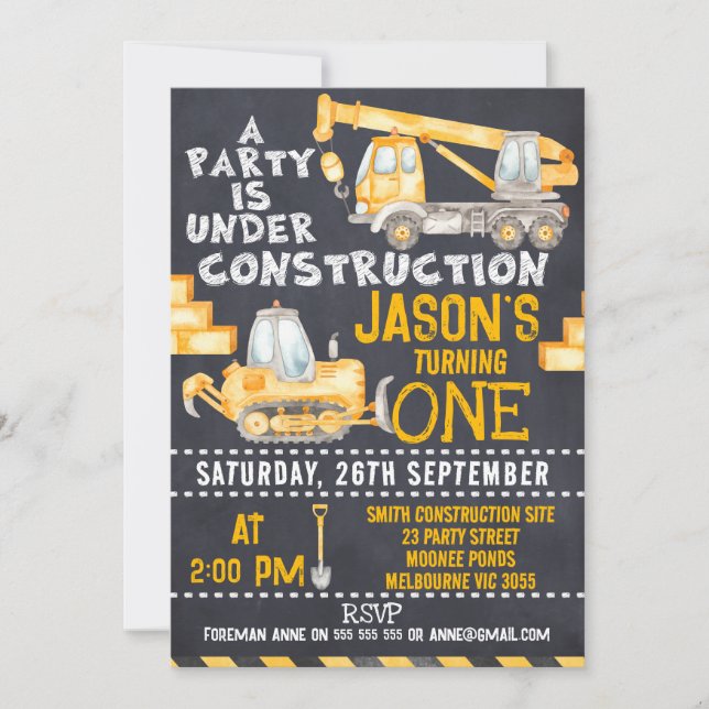 Party Under Construction 1st Birthday Invitation (Front)