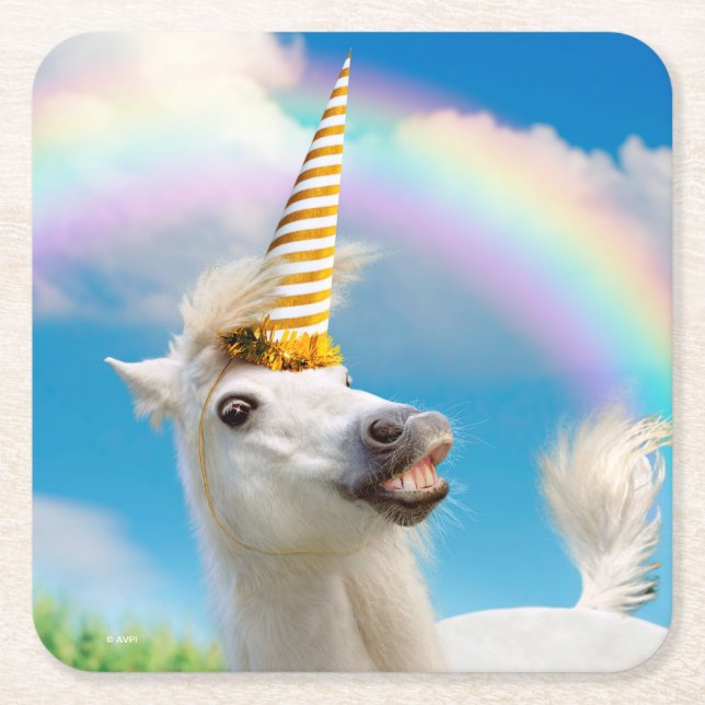 Party Unicorn Horse And Rainbow Square Paper Coaster (Front)
