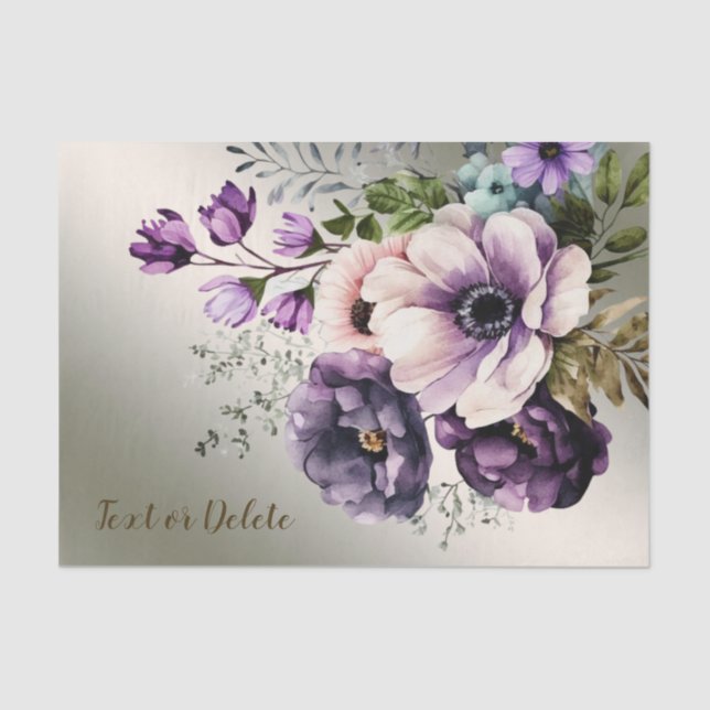 Party Watercolor Purple Pink Flowers Gold Elegant Tissue Paper (Front)