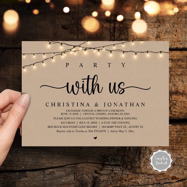 Party with us, Rustic Wedding Dinner Elopement Invitation (Party with us, Rustic Wedding Dinner Elopement Invitation Card, PDF, String Lights Brown Kraft)