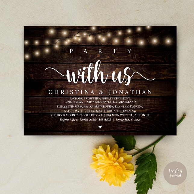 Party with us, Rustic Wedding Dinner Elopement Invitation (Party with us, Rustic Wedding Dinner Elopement Invitation card, pdf, in cottage dark wood)