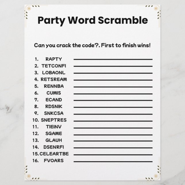 Party Word Scramble – Printable Game Custom Letterhead (Front)