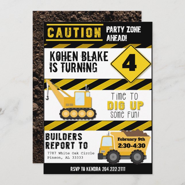 Party Zone Construction Dump Truck Invitation  (Front/Back)