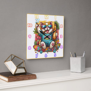 Partying cat on a skateboard with a tropical vibe square wall clock