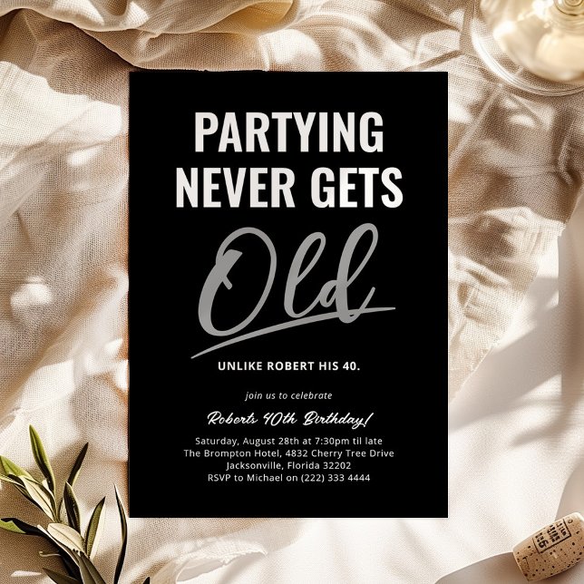 Partying Never Gets Old Black Adult Birthday Invitation (Creator Uploaded)