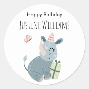 Pary animal, Rhino with gifts and party hat Classic Round Sticker