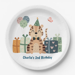 Pary animal, Tiger with gifts and party hat Paper Plate