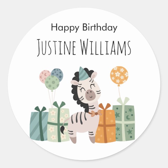 Pary animal, zebra with gifts and balloons classic round sticker (Front)