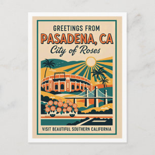 Pasadena CA "City of Roses" Retro Travel Postcard