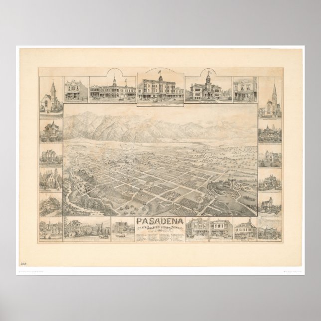 Pasadena, CA. Panoramic Map (1305A) Poster (Front)