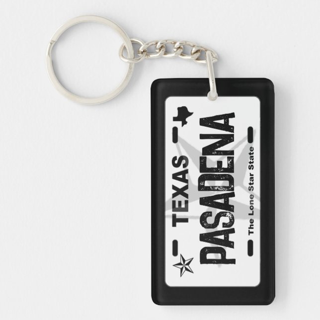 Pasadena Texas black license plate keychain (Front)