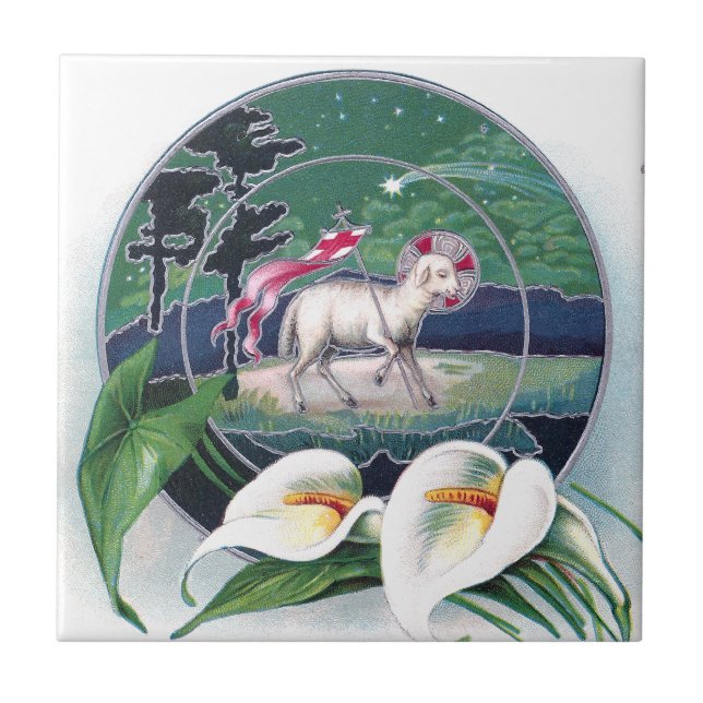 Paschal Lamb and White Lilies Vintage Easter Tile (Front)