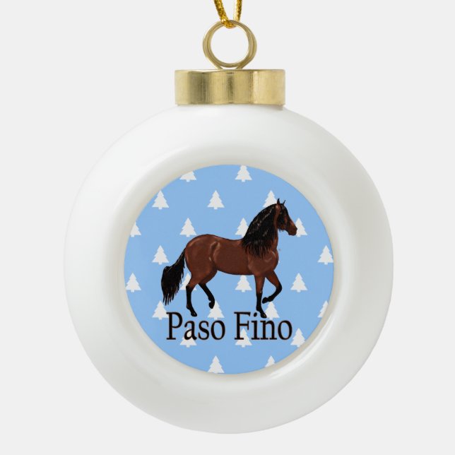 Paso Fino Bay Horse White Christmas Trees Ceramic Ball Christmas Ornament (Front)