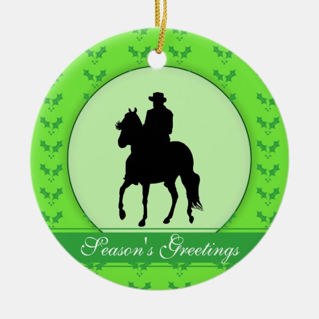 Paso Fino Horse Rider Holly Season's Greetings Ceramic Tree Decoration (Front)