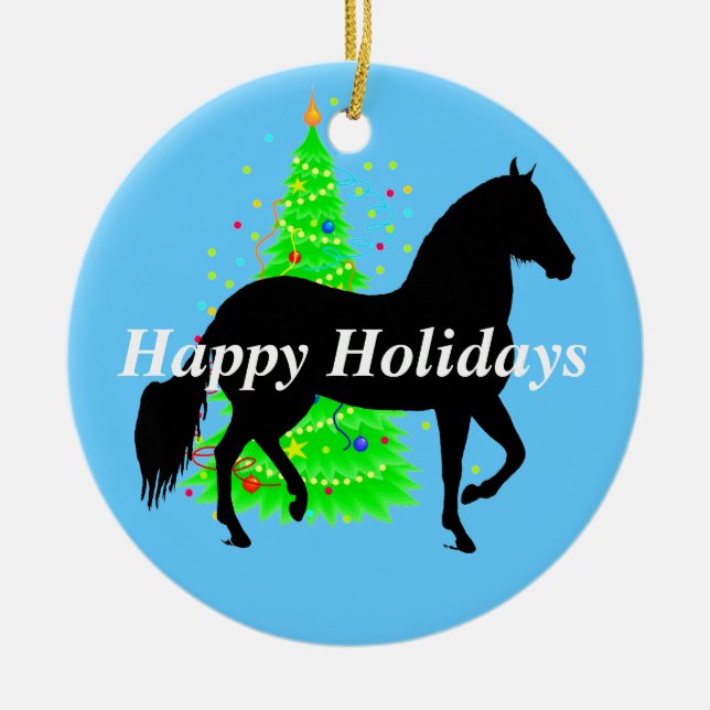 Paso Fino Horse Silhouette Happy Holidays Ceramic Ornament (Front)