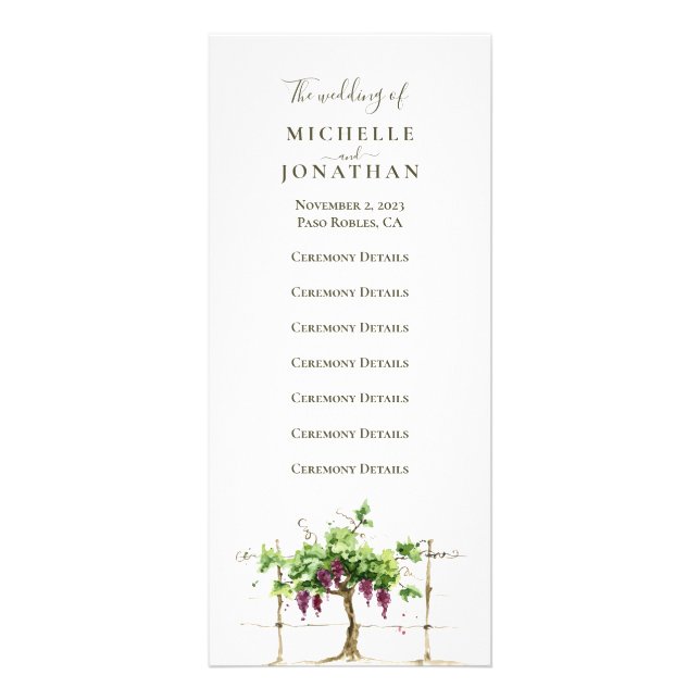 Paso Robles Vineyard Wedding Ceremony Program Rack Card (Front)