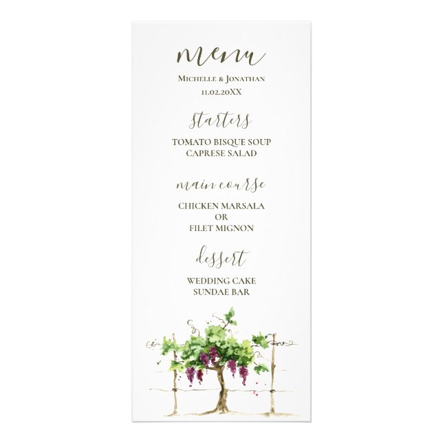 Paso Robles Vineyard Winery Wedding Reception Menu (Front)